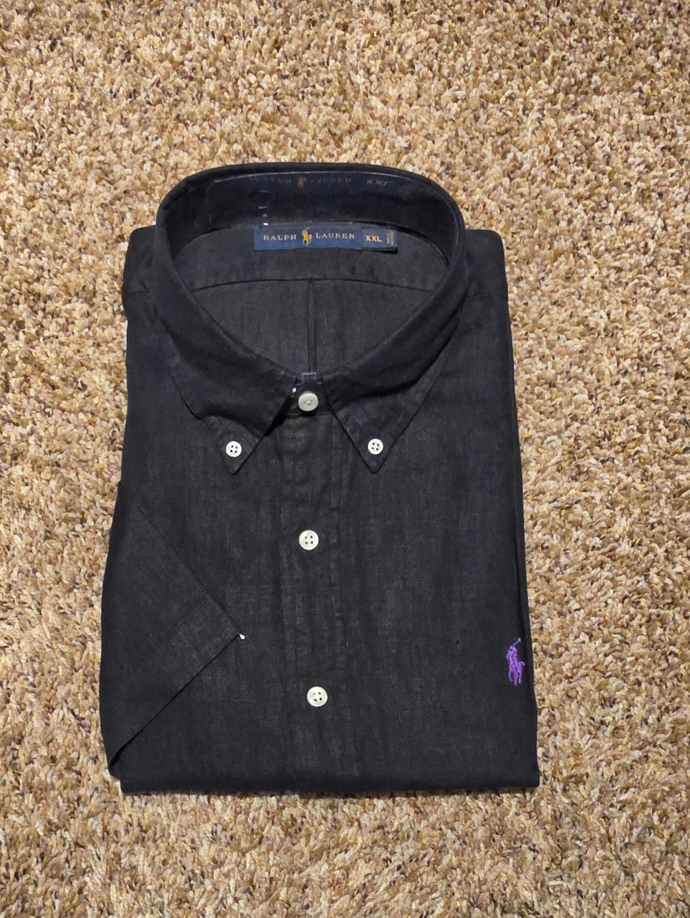 Ralph Lauren Black Linen Short Sleeve Purple Polo Pony Shirt 2X